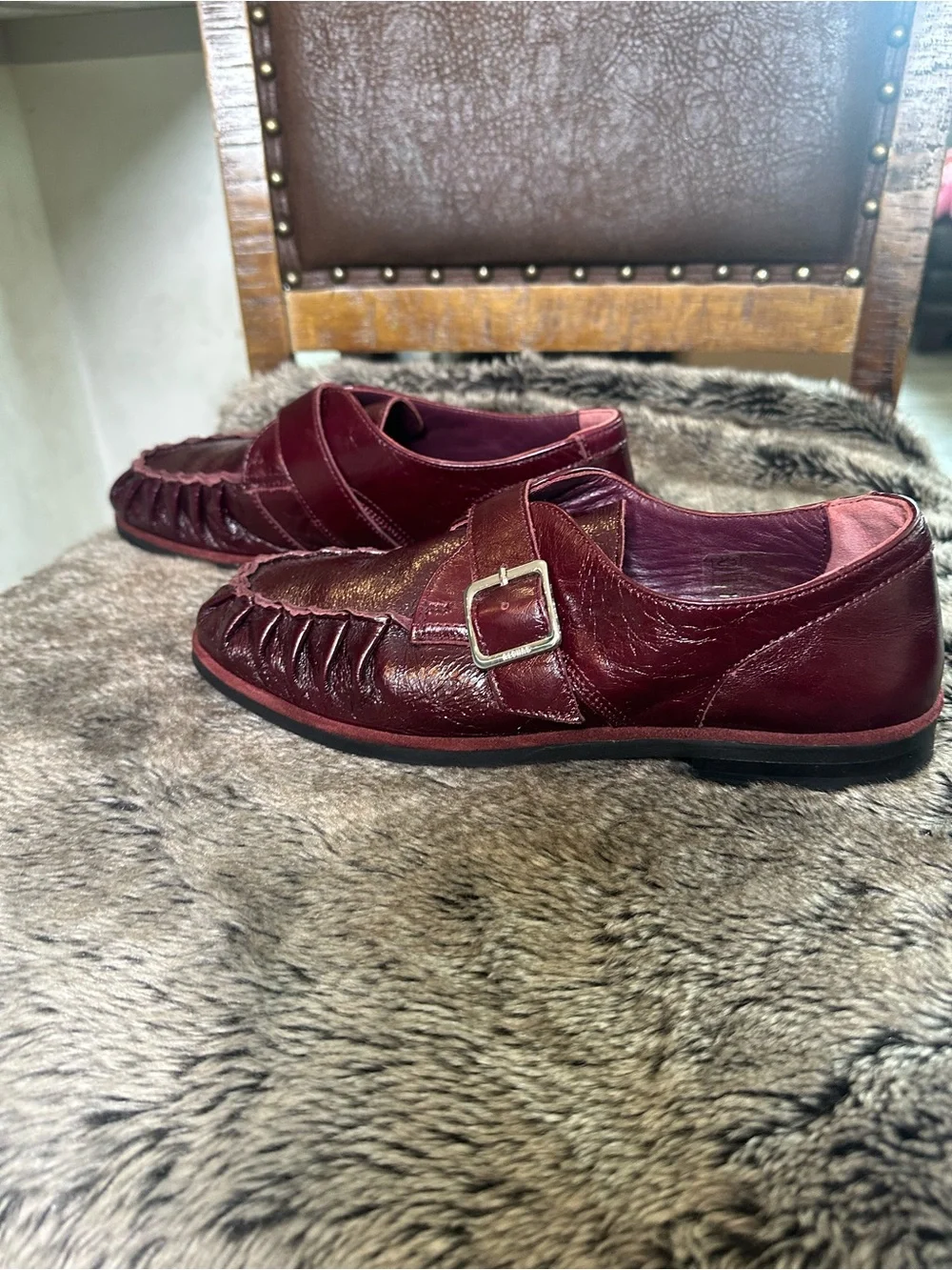 ALOHAS Burgundy Leather Monk-Strap Quiet Luxury Loafers, Size 40